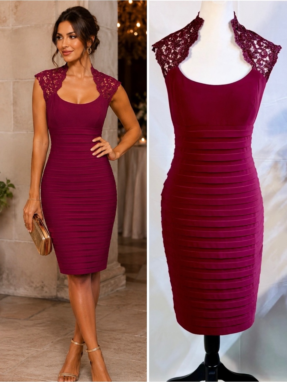 Cache Burgundy Wine Bandage Sheath Dress Crochet Lace Scoop Neck Sz 12 🧡